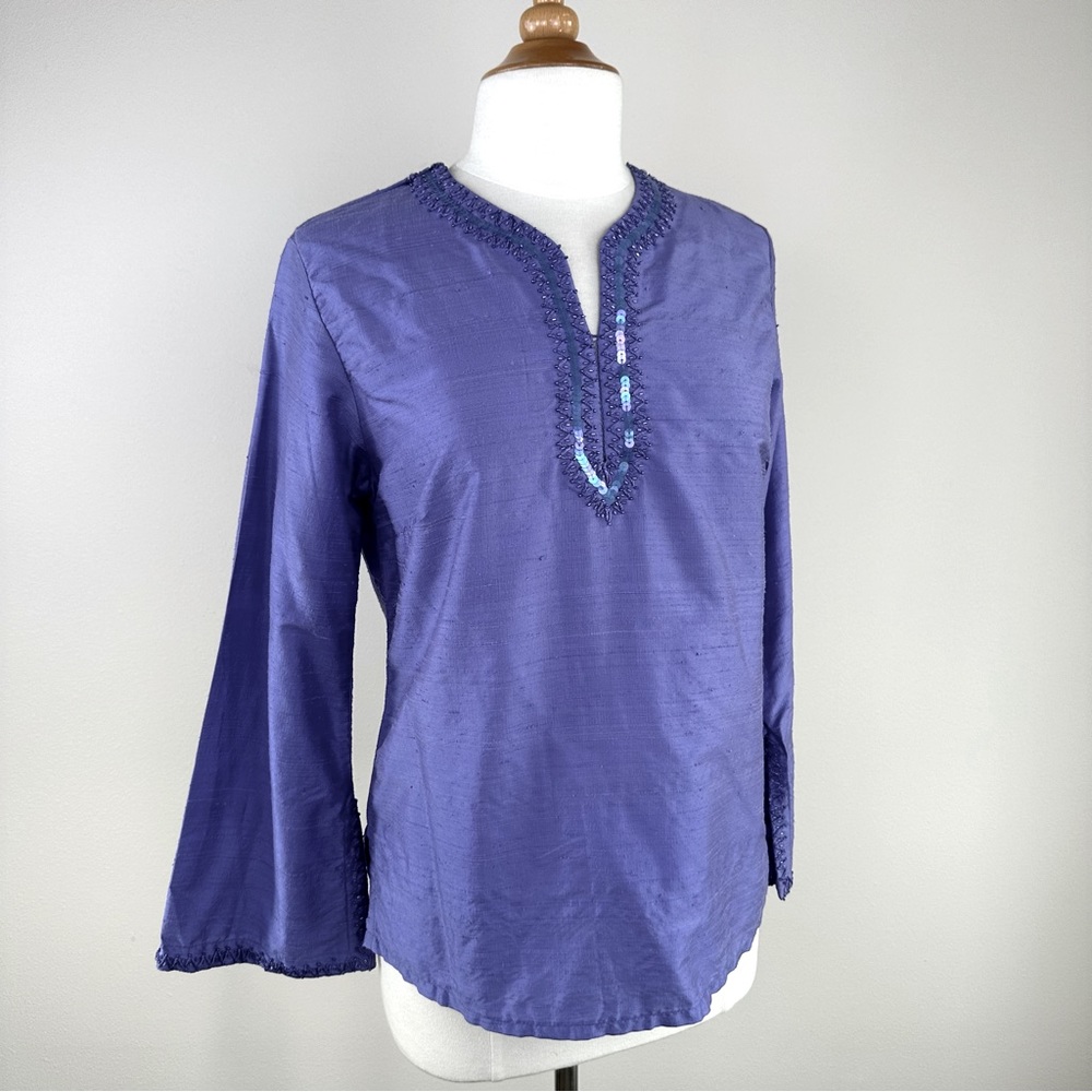 Anu Size S 100% Natural Pure Silk Periwinkle Blue Purple Blouse Tunic Top